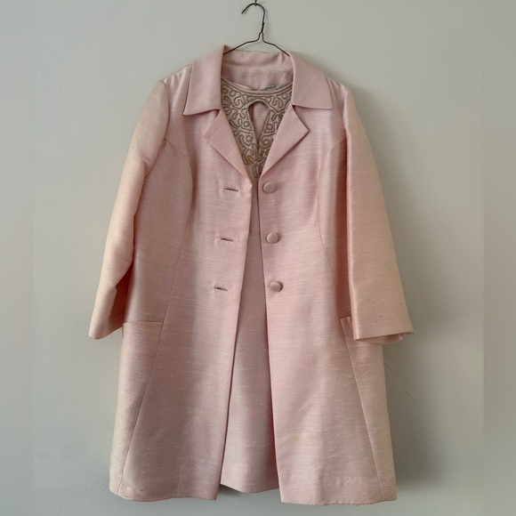 Vintage Dresses & Skirts - Vintage 1960s Plus Size Beaded Dress & Coat Set Raw Silk Pink Jackie O Size 16W